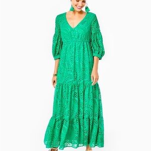 Lilly Pulitzer Breanne Elbow Sleeve Eyelet Maxi Botanical Green NWT Size 12
